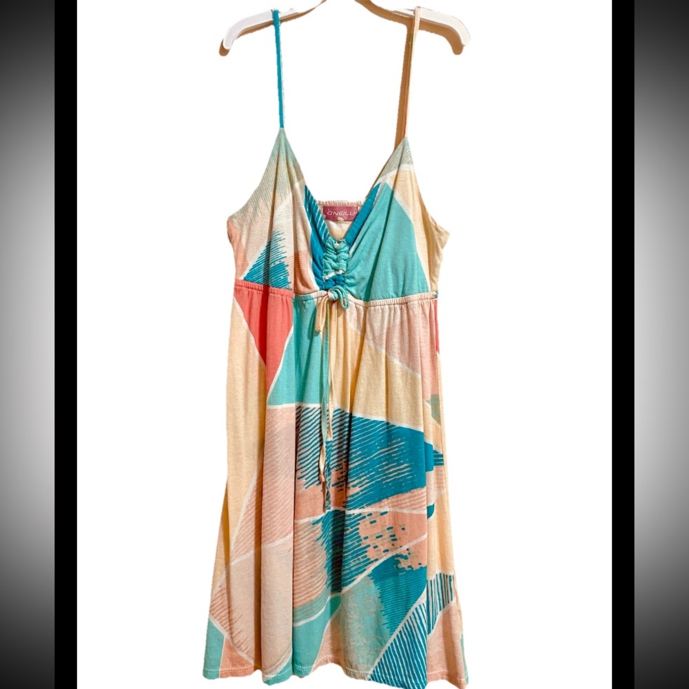 Oneill Colorful Geometric Print Babydoll Dress Short Adjustable Straps Small Y2K